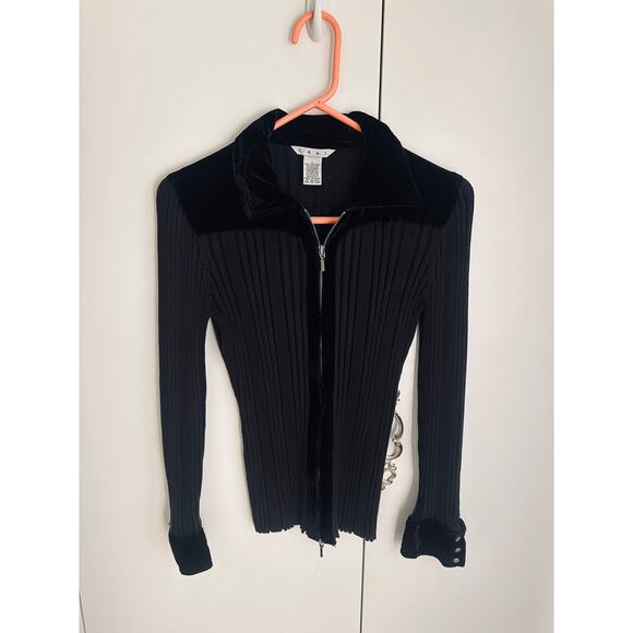 Y2K KNit Zipper Cardigan Velvet Collar Size large Dark Gothic Grunge Vampire - Picture 2 of 11